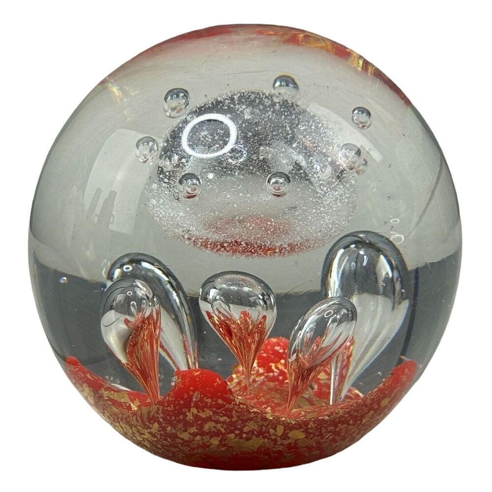 Murano Glass Paperweight With Embedded Red & Gold Designs Handcrafted